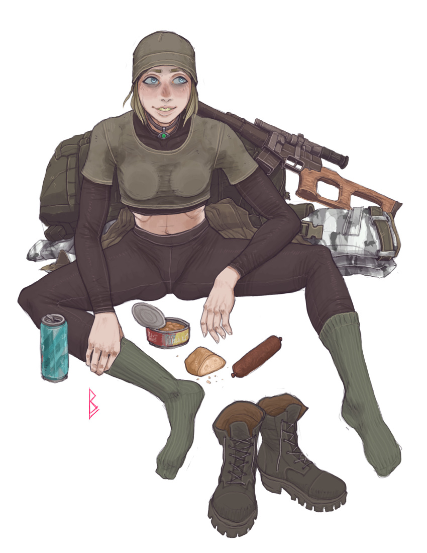 1girl absurdres backpack bag baseball_cap blonde_hair blue_eyes bread can canned_food caynilart dragunov_svd drink_can food gun hat highres jewelry looking_to_the_side midriff necklace no_shoes on_floor rifle sausage shirt smile sniper_rifle socks soda_can solo stalker_(game) t-shirt weapon white_background
