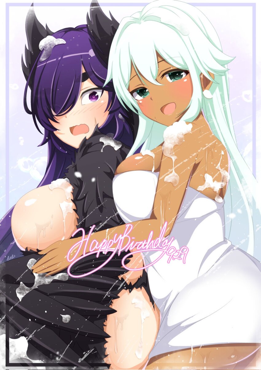 2girls betterthanbone2 black_feathers black_wings blush breasts dark-skinned_female dark_skin embarrassed feathers green_eyes happy_birthday highres large_breasts long_hair looking_at_viewer multiple_girls purple_eyes purple_hair senran_kagura senran_kagura_new_link showering simple_background soap thick_eyebrows towel wet white_hair winged_arms wings yasha_(senran_kagura) yuuyaki_(senran_kagura)