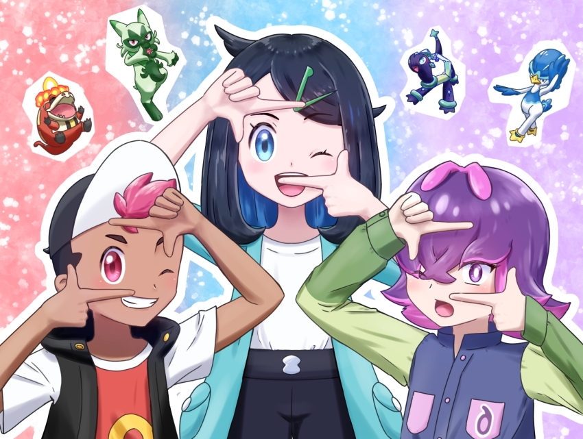 1boy 2girls ;d antenna_hair black_hair black_hat black_vest blue_eyes bright_pupils colored_inner_hair commentary_request cowlick crocalor dot_(pokemon) eyelashes finger_frame floragato hair_ornament hairclip hat liko_(pokemon) multicolored_hair multiple_girls nintendo one_eye_closed open_clothes open_mouth open_vest pokemon pokemon_(anime) pokemon_(creature) pokemon_horizons purple_eyes purple_hair quaxwell roy_(pokemon) shirt short_hair short_sleeves smile swept_bangs t-shirt tafin_(hdea2345) teeth terapagos tongue two-tone_hair upper_teeth_only vest white_pupils
