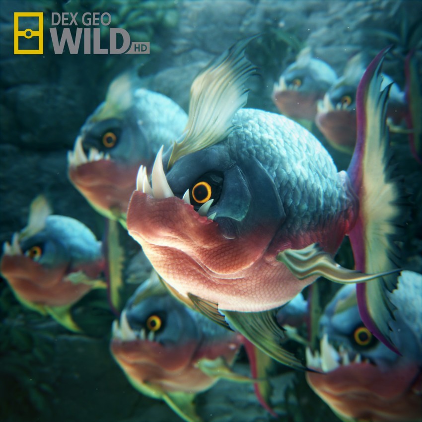 absurdres animal_focus brand_name_imitation carvanha commentary creature english_commentary fish gen_3_pokemon highres national_geographic nintendo no_humans photorealistic pokemon pokemon_(creature) realistic sebastian_montecinos sharp_teeth teeth underwater water yellow_eyes