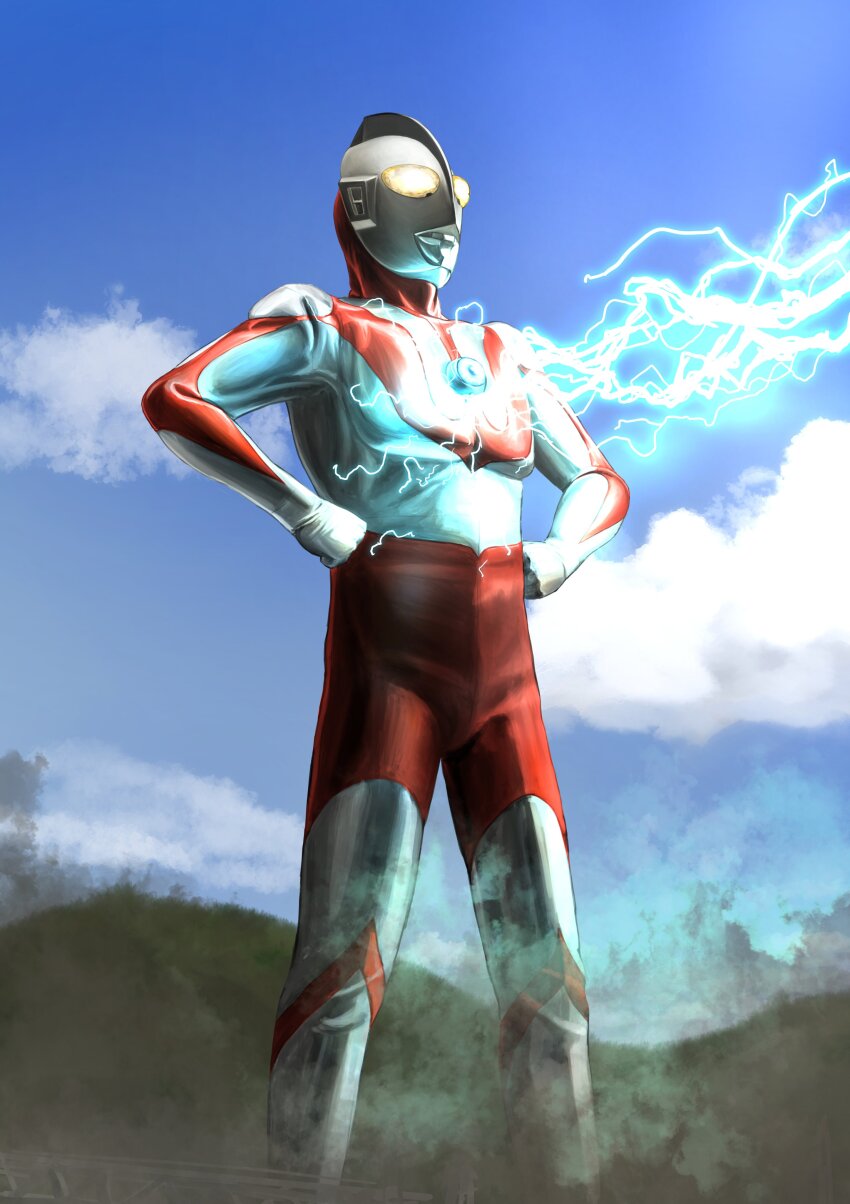 1boy absurdres alien attack_trail blue_sky clenched_hands color_timer colored_skin commentary compound_eyes day dorsal_fin dust_cloud electricity electrocution feet_out_of_frame gattyo giant glowing glowing_eyes hands_on_own_hips highres looking_ahead mountain multicolored_skin muscular muscular_male outdoors pectorals red_skin silver_skin sky standing tokusatsu ultra_series ultraman ultraman_(1st_series) wrinkled_skin yellow_eyes