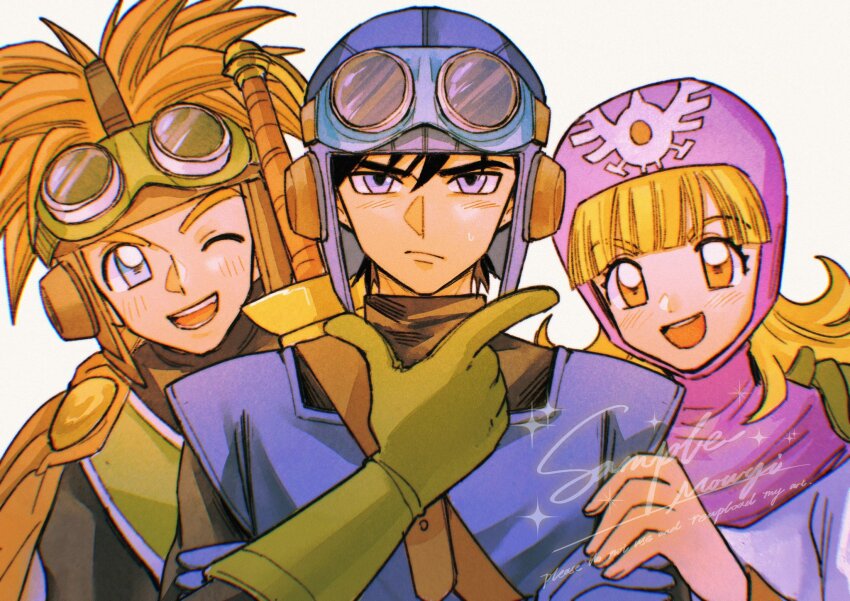 1girl 2boys :d aqua_hair black_bodysuit black_hair blonde_hair blue_eyes blue_gloves blue_hat blue_tunic blunt_bangs bodysuit cape commentary dragon_quest dragon_quest_ii gloves goggles goggles_on_headwear green_gloves green_tabard hand_on_another&#039;s_arm hand_on_another&#039;s_shoulder hat highres looking_at_viewer mouyi multiple_boys one_eye_closed open_mouth orange_cape orange_hair pink_eyes pink_hood prince_of_lorasia prince_of_samantoria princess_of_moonbrook robe sample_watermark smile spiked_hair sword sword_on_back symbol-only_commentary tabard tunic upper_body watermark weapon weapon_on_back white_background white_robe