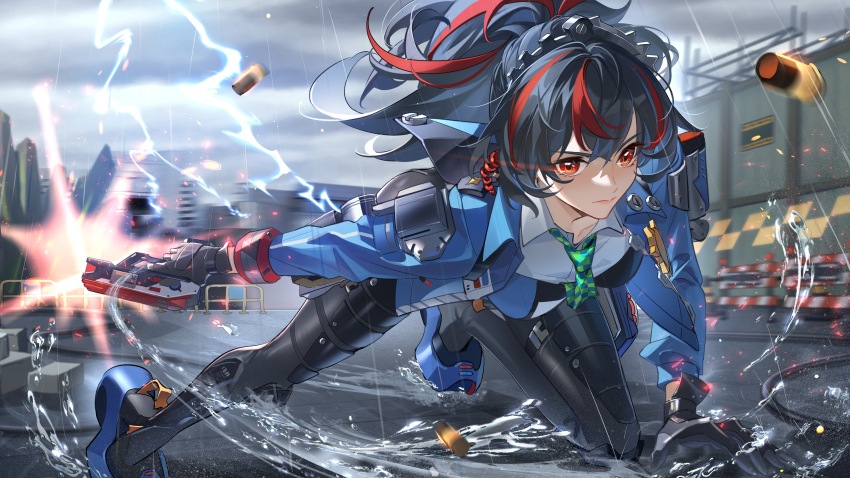1girl absurdres black_gloves black_hair black_pants blue_jacket breasts checkered_necktie city closed_mouth eye_trail gloves gun hairband highres holding holding_gun holding_weapon holster jacket kongzao large_breasts light_trail looking_ahead metal_hairband motion_blur multicolored_hair necktie outdoors pants police police_badge police_uniform policewoman ponytail rain red_eyes red_hair shell_casing shirt shoulder_holster solo streaked_hair thunder tight_clothes tight_pants weapon white_shirt zenless_zone_zero zhu_yuan