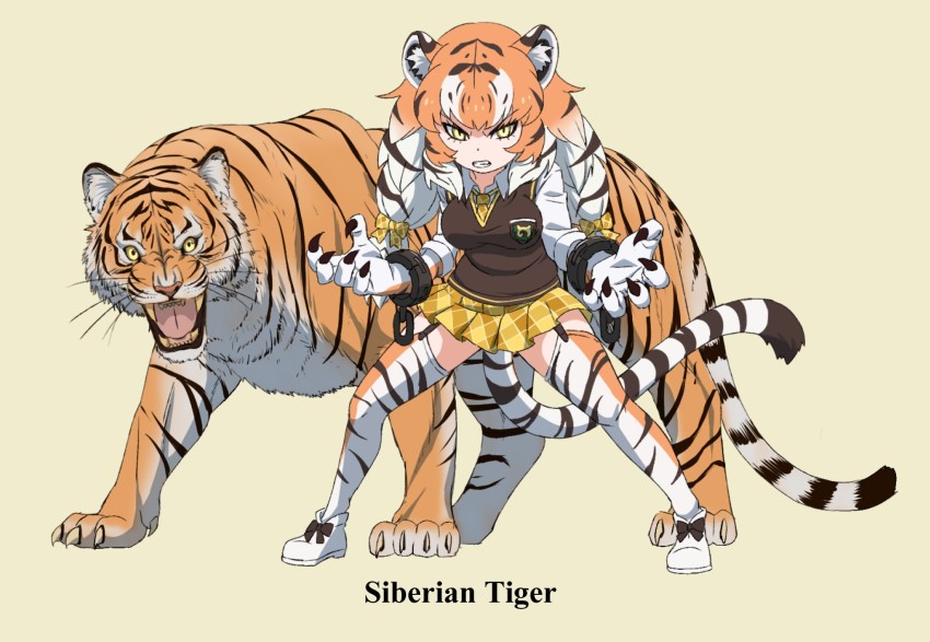 1girl animal_ear_fluff animal_ears beige_background blouse bow brown_sweater character_name claws commentary_request creature_and_personification dress_shirt english_text frown garter_straps gloves grimace hair_bow highres japari_symbol kemono_friends kemono_friends_2 leaning_forward long_hair long_sleeves low-tied_long_hair makeup mascara miniskirt multicolored_hair name_connection necktie orange_hair orange_legwear personification plaid_clothes plaid_necktie plaid_neckwear plaid_skirt pleated_skirt print_thighhighs shirt shoes siberian_tiger_(kemono_friends) simple_background skirt solo sweater sweater_vest tail thighhighs tiger tiger_ears tiger_stripes tiger_tail two-tone_hair white_gloves white_hair white_legwear white_shirt white_shoes wing_collar yamaguchi_yoshimi yellow_background yellow_bow yellow_eyes yellow_necktie yellow_skirt