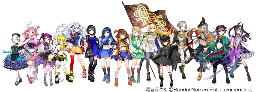 6+girls abeno-shakuji-maya absurdres aiguillette animal_ears animal_hands animal_hat animal_hood aqua_gloves artist_collaboration artist_request asymmetrical_legwear baggy_pants bandaid bandaid_on_knee bandaid_on_leg belt black_belt black_cape black_choker black_collar black_dress black_footwear black_hair black_headwear black_jacket black_pants black_shorts black_skirt black_socks blonde_hair blue_dress blue_eyes blue_footwear blue_hair blue_jacket blue_skirt blunt_bangs blush boots bow bracelet braid brown_hair cape cat_ears cat_hat choker closed_mouth collar copyright_notice corset crop_top cropped_jacket demon_horns denonbu detached_collar double_bun dress epaulettes everyone fake_animal_ears fake_wings feathered_wings flag fox_mask frown full_body fur_collar gloves gold_trim green_eyes green_footwear green_jacket green_skirt grey_eyes grey_hair grey_pantyhose hag_(hag_015) haijima_ginka hair_between_eyes hair_bow hair_bun hair_ears hair_ornament hairclip hand_on_own_face hand_on_own_hip hand_up hat headphones headphones_around_neck hidaka_reina_(denonbu) high_heels highres holding holding_flag hood hood_up horns houou_karin inubousaki_shian jacket jewelry kayano_futaba kneehighs kurogane_tama logo long_hair long_sleeves looking_at_viewer low_twintails mask mask_on_head midriff mika_pikazo_(style) minakami_hina multicolored_hair multiple_girls nail_polish nurse_cap official_alternate_costume official_art ogami_matoi open_clothes open_jacket open_mouth orange_boots orange_hair orange_jacket own_hands_together pants pantyhose paw_gloves pink_eyes pink_gloves pink_shoes pleated_skirt pumps purple_dress purple_eyes purple_footwear purple_hair purple_nails rabbit_hood reaching reaching_towards_viewer red_eyes red_hair reml sakurano_mimito sandals see-through_clothes serious seto_mitsuki shawl shinonome_kazune shirokane_aki shoes short_hair shorts side_ponytail skirt sleeveless sleeveless_dress smile socks standing strapless strapless_dress streaked_hair taiga_lucia thighhighs tongue tongue_out torn_clothes torn_thighhighs twin_braids twintails v-shaped_eyebrows very_long_hair white_hair white_jacket white_pants white_shorts white_socks white_thighhighs wings yellow_eyes yellow_socks