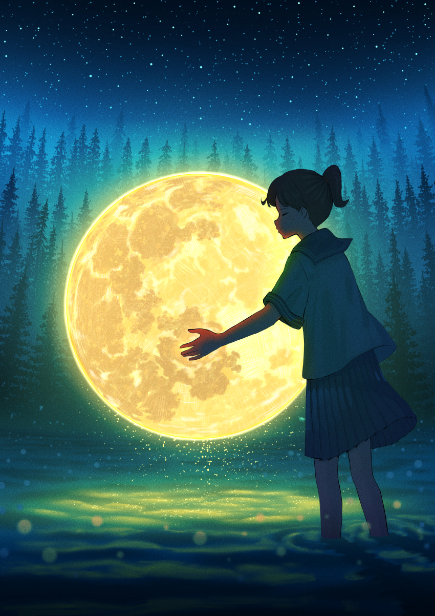 1girl absurdres black_hair black_sailor_collar black_skirt closed_eyes closed_mouth commentary english_commentary fantasy forest gradient_sky highres hug huge_moon light_particles moon nature night night_sky original pasoputi pleated_skirt pond ponytail sailor_collar school_uniform shirt short_hair short_sleeves skirt sky solo standing star_(sky) star_(symbol) starry_sky wading white_shirt