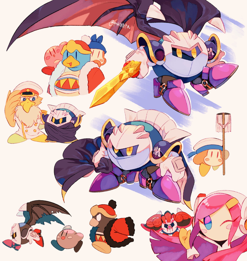 :d armor armored_boots arms_up artist_name bandana bandana_waddle_dee beard black_wings blue_background blue_bandana blue_eyes blush blush_stickers boots buttons captain_vul coat commentary_request cracked_mask dark_meta_knight double-breasted epaulettes facial_hair floating_hair fur-trimmed_jacket fur_trim galaxia_(sword) gloves hand_up hat highres holding holding_mop holding_sword holding_weapon jacket king_dedede kirby kirby_(series) long_hair looking_at_another looking_at_viewer mask mecha_knight meta_knight military_uniform mop naval_uniform nintendo on_shoulder one_eye_closed open_clothes open_jacket open_mouth pauldrons peaked_cap pink_hair pom_pom_(clothes) profile purple_footwear rayman_limbs red_footwear red_headwear red_jacket running sailor_hat sailor_waddle_dee shadow_dedede shadow_kirby shoulder_armor sideways_glance simple_background smile spiked_wings spikes susie_(kirby) sword tokuura torn_wings twitter_username weapon white_background white_coat white_eyes white_gloves white_headwear wings yellow_eyes yellow_gloves