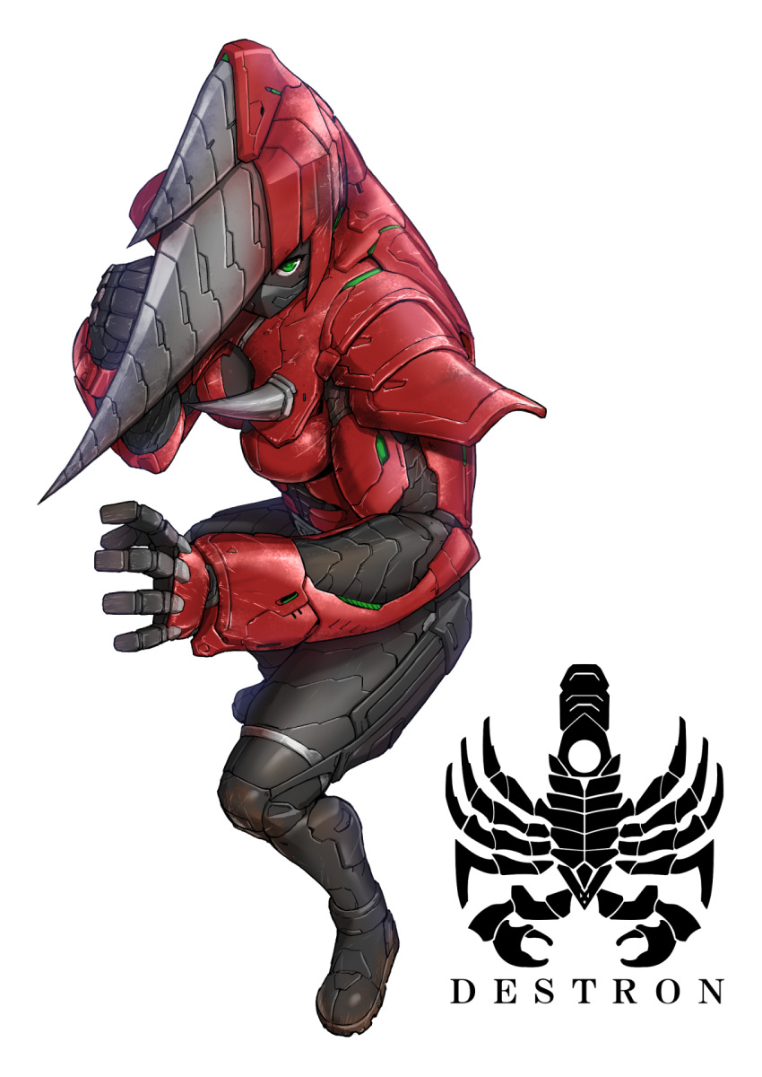 1girl armor breasts cleavage commentary cyborg dark-skinned_female dark_skin eidenjyou1997 english_commentary fighting_stance full_body genderswap genderswap_(mtf) green_eyes highres horns kamen_rider kamen_rider_v3_(series) logo looking_at_viewer mask monster_girl mouth_mask red_armor rhinoceros_girl sai_tank simple_background solo spikes white_background