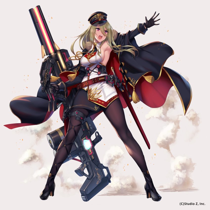 1girl aiguillette armpits bare_shoulders belt black_cloak black_footwear black_gloves breasts brown_pantyhose cloak dress elbow_gloves female_focus floating_hair fukai_ryosuke full_body fur_collar gloves glowing glowing_gun glowing_gun_barrel green_hair gun hair_between_eyes hat high_heels highres holding holding_gun holding_weapon hop_step_jumpers large_breasts light_particles looking_afar official_art open_mouth outstretched_arm pantyhose peaked_cap purple_eyes regulus_(hop_step_jumpers) rifle shouting sideboob sidelocks sleeveless sleeveless_dress smoke solo standing sword tassel watermark weapon wind