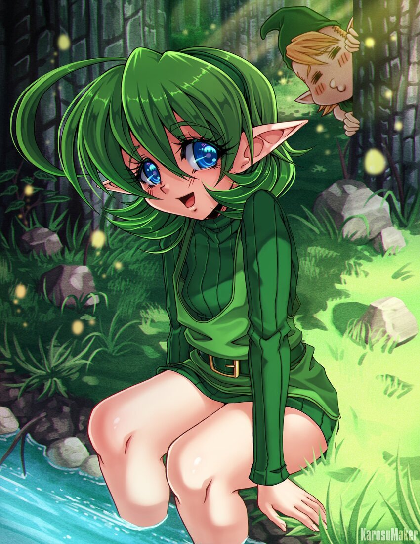 1boy 1girl arm_support artist_name belt belt_buckle blonde_hair blue_eyes blush buckle commentary dress english_commentary forest grass green_belt green_hair green_hat green_sweater green_tunic hair_between_eyes hat highres karosu_maker kokiri light_particles light_rays long_sleeves looking_at_viewer mido_(zelda) nature nintendo open_mouth peeking pointy_ears rock saria_(zelda) short_hair sitting smile soaking_feet solo_focus sweater sweater_dress the_legend_of_zelda the_legend_of_zelda:_ocarina_of_time thighs tree tunic water