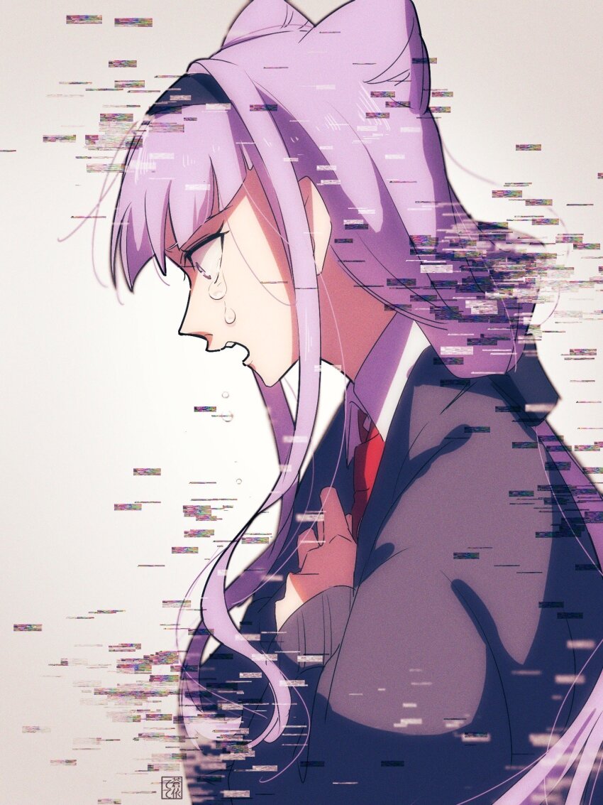1girl aoi_tete artist_logo black_hairband black_sweater commentary cone_hair_bun crying crying_with_eyes_open double_bun dress_shirt from_side frown glitch hair_bun hairband hands_on_own_chest highres hugtto!_precure logo long_hair long_sleeves looking_to_the_side necktie open_mouth precure purple_eyes purple_hair red_necktie ruru_amour shirt solo sweater tears twintails white_shirt wing_collar