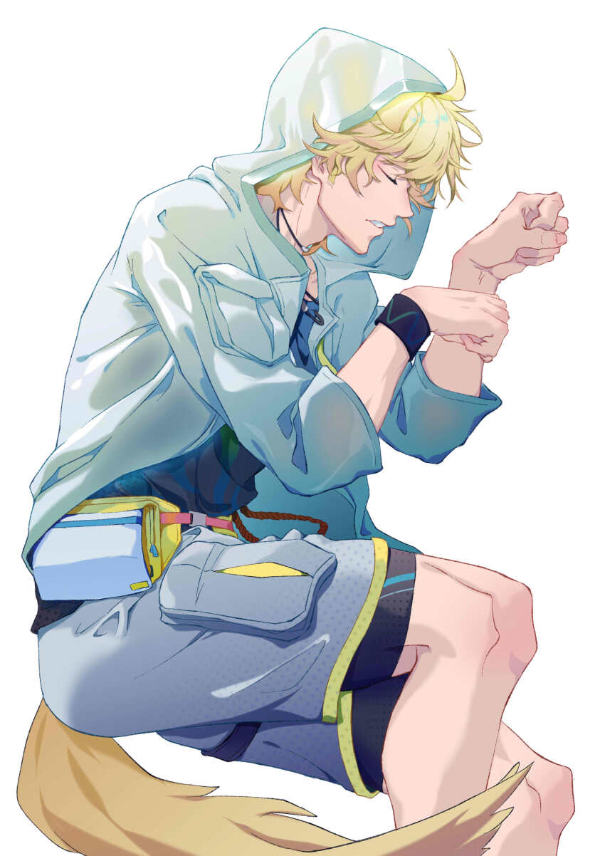 1boy absurdres adam&#039;s_apple arknights black_shirt blonde_hair closed_eyes daziran_de_duqiyan dog_boy dog_tail highres lying male_focus on_side parted_lips paw_pose raincoat see-through_clothes see-through_raincoat shirt shorts simple_background tail tequila_(arknights) white_background wristband