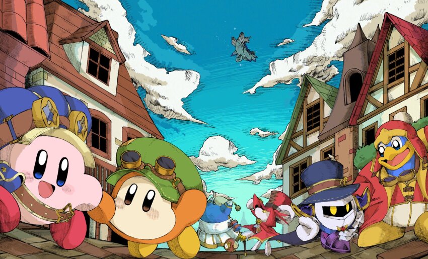 :d aircraft airship armor armored_boots ascot aviator_cap bell belt black_cape black_headwear blue_eyes blue_headwear blue_sky blush blush_stickers boots brick_road brown_belt brown_eyes cabbie_hat cape claws cloak cloud coat collared_cape daroach day emma_03333 gloves goggles goggles_around_neck green_headwear half-timbered hat highres holding_hands hoshi_no_kirby:_mugen_no_haguruma_o_sagase! house jingle_bell king_dedede kirby kirby_(series) looking_at_another looking_up lor_starcutter magolor mask meta_knight neck_bell nintendo no_humans open_clothes open_coat open_mouth outdoors patchwork_clothes pauldrons purple_footwear rayman_limbs red_cape red_coat red_headwear road shoulder_armor sky smile star-shaped_eyewear star_(symbol) tile_roof top_hat waddle_dee watch white_ascot white_cloak white_gloves window yellow_eyes