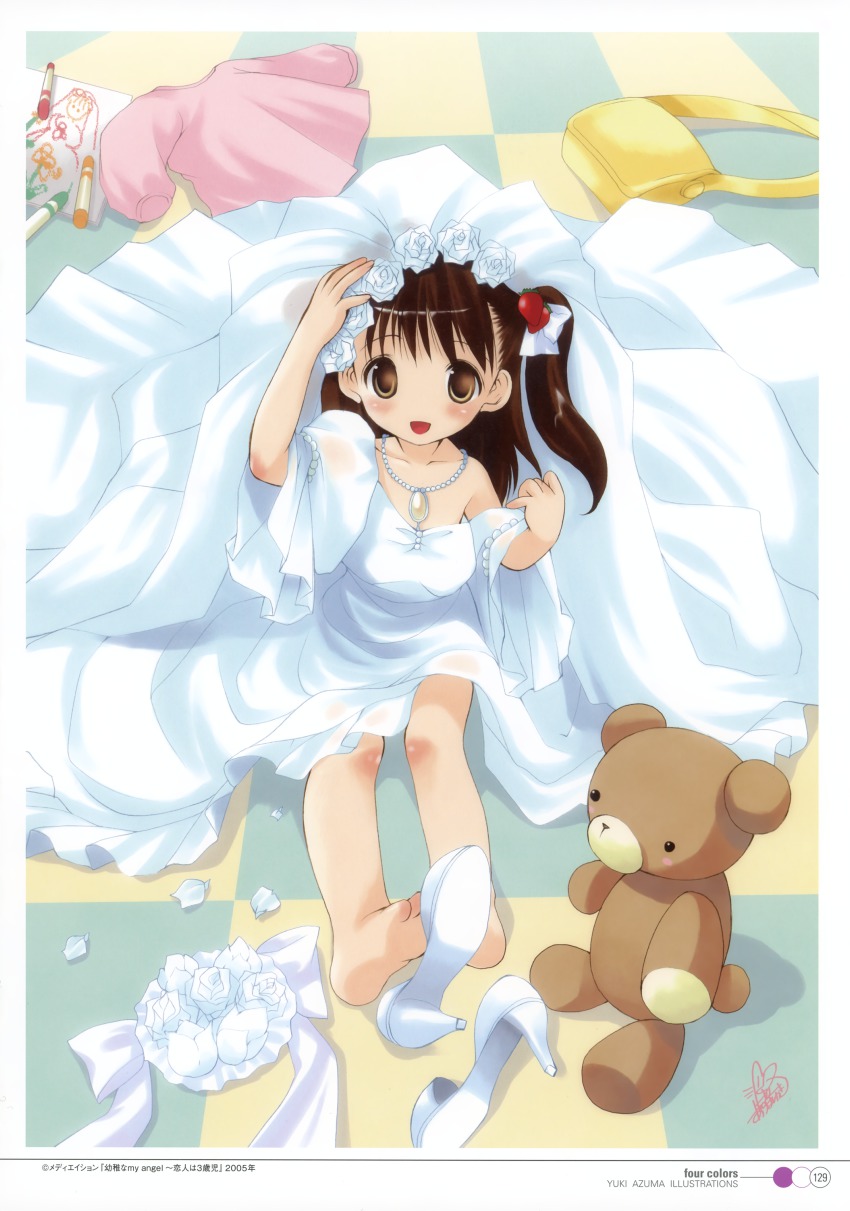 1girl :d absurdres age_regression aged_down azuma_yuki bag barefoot bridal_veil brown_hair child dress dress-up feet female_focus food food-themed_hair_ornament fruit hair_ornament high_heels highres jewelry kindergarten_bag necklace one_side_up open_mouth original oversized_clothes pearl_necklace petals scribble shirt shoe_dangle shoes side_ponytail signature single_shoe smile solo strawberry strawberry_hair_ornament stuffed_animal stuffed_toy teddy_bear toes unworn_shirt veil wedding_dress