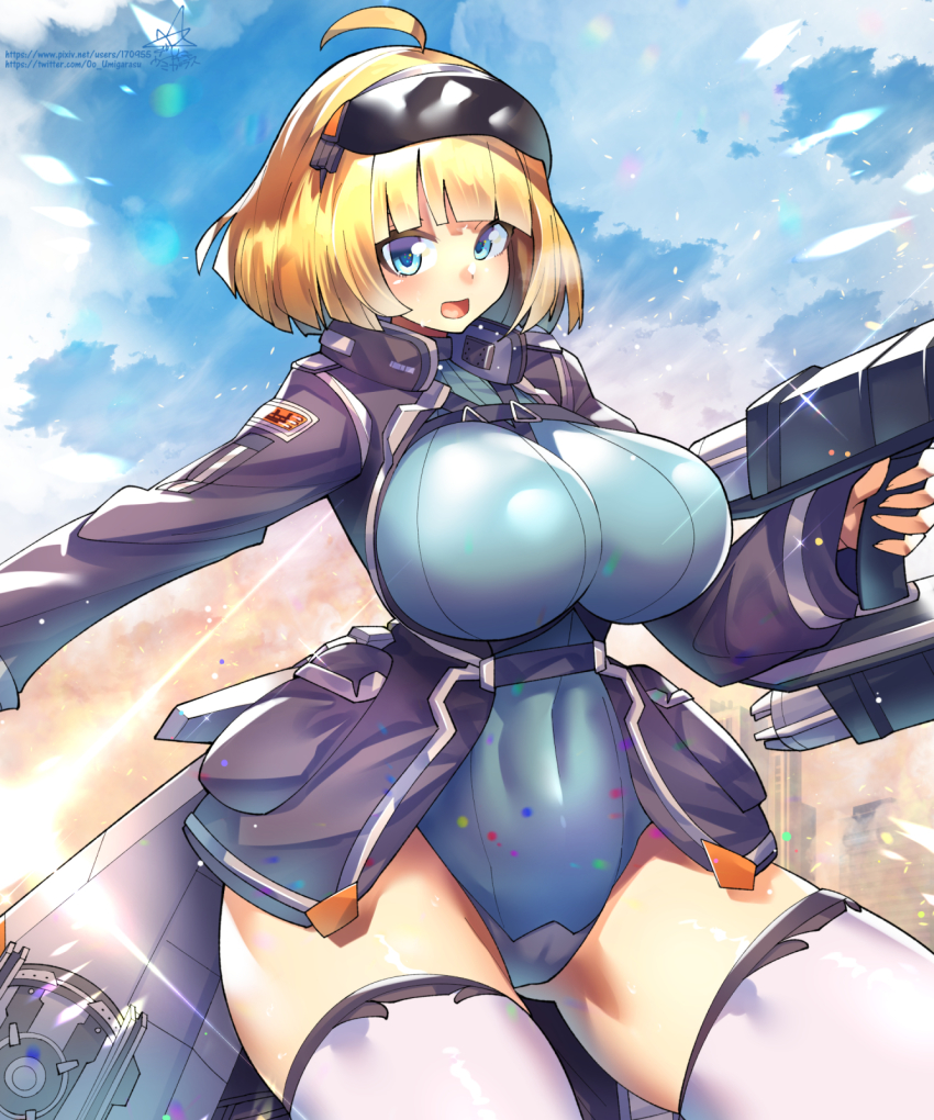 1girl ahoge blonde_hair blue_eyes breasts griffon_(last_origin) gun highres holding holding_gun holding_weapon large_breasts last_origin leotard open_mouth short_hair solo thighhighs umigarasu_(kitsune1963) weapon