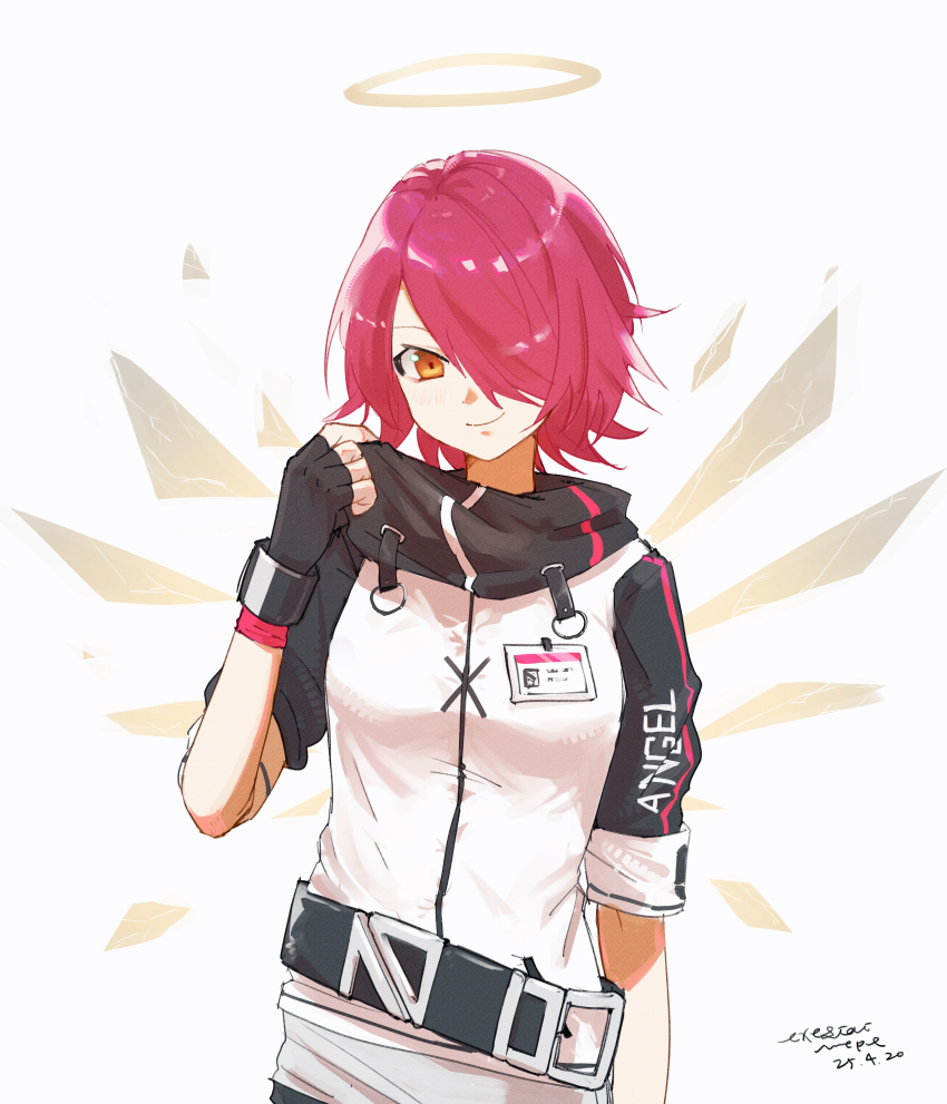 1girl absurdres arknights black_gloves black_sleeves character_name closed_mouth clothes_writing commentary dated exusiai_(arknights) fingerless_gloves gloves hair_over_one_eye halo highres jacket looking_at_viewer one_eye_covered pink_hair pppmepl short_hair smile solo traditional_halo white_background white_jacket yellow_eyes yellow_halo