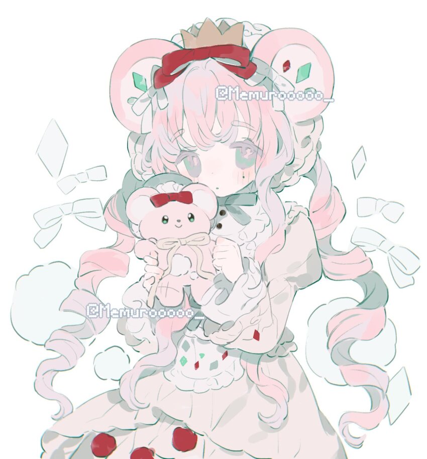 1girl :o animal_ears apron aqua_eyes bonnet bow bowtie bright_pupils buttons collared_shirt colored_eyelashes cowboy_shot crown dress dress_shirt drill_hair expressionless frilled_apron frilled_dress frilled_headwear frilled_sleeves frills gold_crown grey_bow grey_bowtie grey_eyes hair_bow high_collar highres holding holding_stuffed_toy juliet_sleeves light_blush long_hair long_sleeves looking_at_viewer medium_dress memuro mini_crown mouse_ears multiple_hair_bows original parted_lips pink_hair puffy_sleeves red_bow shirt shirt_under_dress solo standing stuffed_animal stuffed_mouse stuffed_toy tareme twin_drills twintails twitter_username very_long_hair watermark white_apron white_background white_bonnet white_bow white_dress white_pupils white_shirt