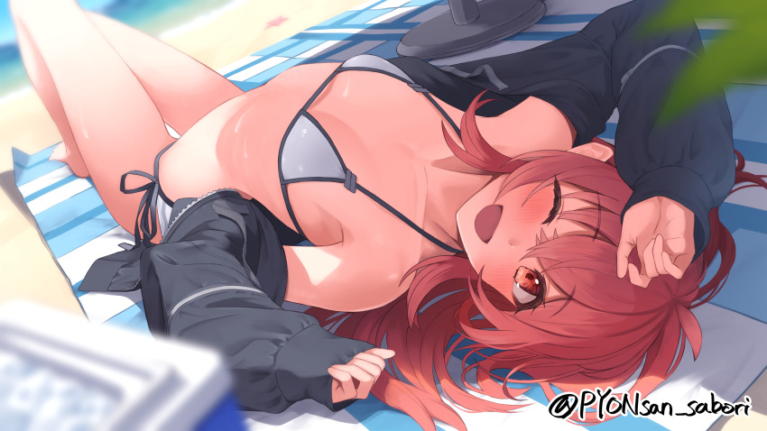 1girl ;d absurdres bare_legs bikini bikini_under_clothes black_jacket blurry blush breasts depth_of_field highres idolmaster idolmaster_shiny_colors jacket knees_up komiya_kaho looking_at_viewer lying mat one_eye_closed open_clothes open_jacket open_mouth outdoors pyonsan red_eyes red_hair side-tie_bikini_bottom small_breasts smile solo swimsuit twitter_username upside-down white_bikini