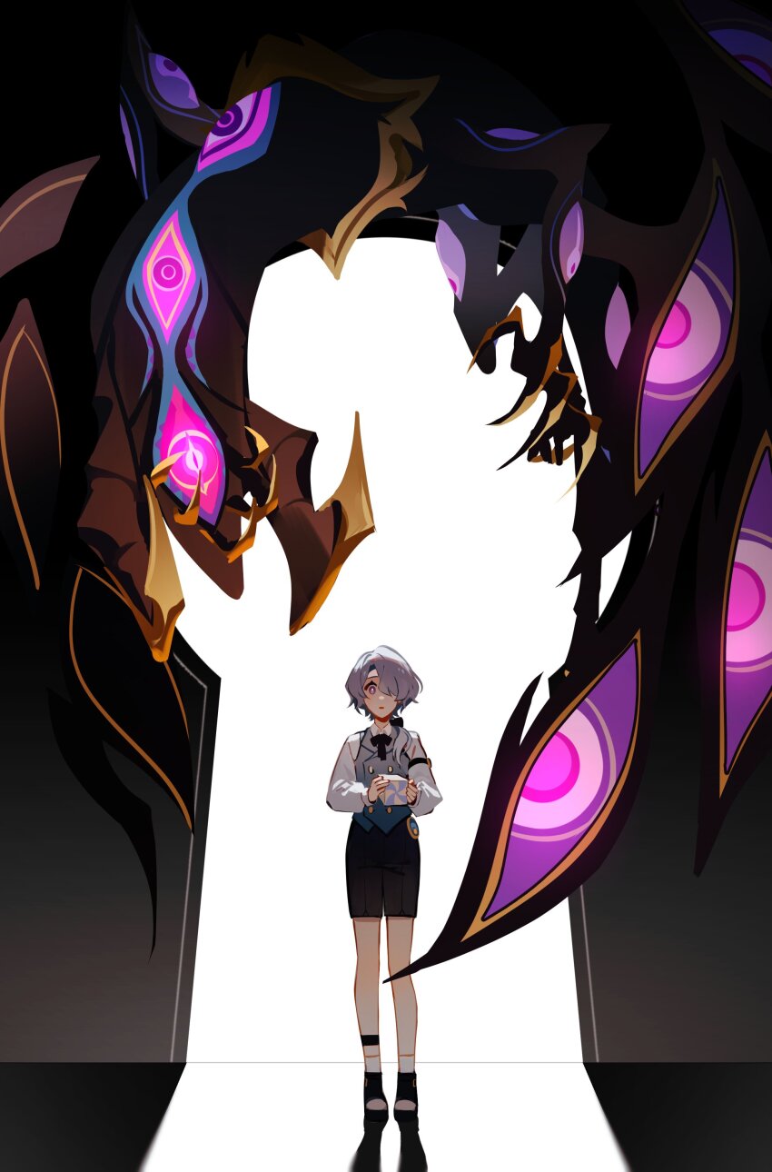 1boy absurdres black_footwear black_shorts blue_vest box commentary doorway english_commentary extra_eyes full_body grey_hair hair_over_one_eye highres holding holding_box honkai:_star_rail honkai_(series) long_sleeves looking_at_viewer male_focus misha_(honkai:_star_rail) monster parted_lips purple_eyes sandals shadow shirt shorts socks something_unto_death_(honkai:_star_rail) surprised vest white_shirt white_socks wide-eyed ylceon