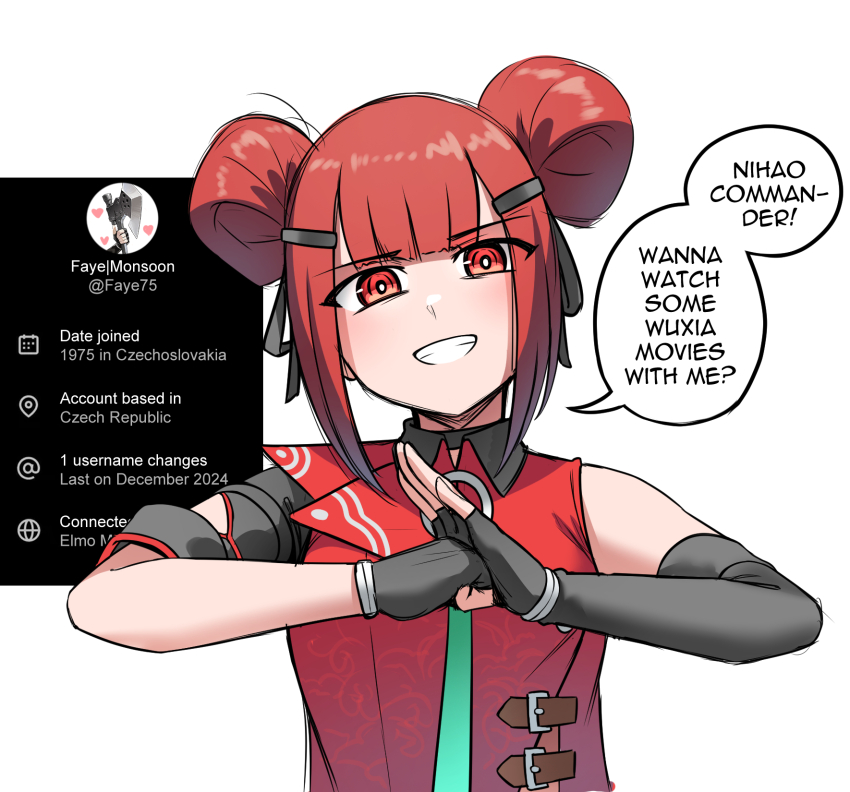1girl asymmetrical_gloves black_gloves black_ribbon bright_pupils chinese_clothes collared_shirt commentary cz75_(girls&#039;_frontline) double_bun elbow_gloves english_commentary fake_phone_screenshot fake_screenshot faye_(girls&#039;_frontline_2) girls&#039;_frontline girls&#039;_frontline_2:_exilium gloves grin hair_bun hair_ribbon highres inset looking_at_viewer palm-fist_greeting red_eyes red_hair red_shirt ribbon senpaihawkkun shirt simple_background single_elbow_glove sleeveless sleeveless_shirt smile solo straight-on twitter upper_body user_interface white_background white_pupils