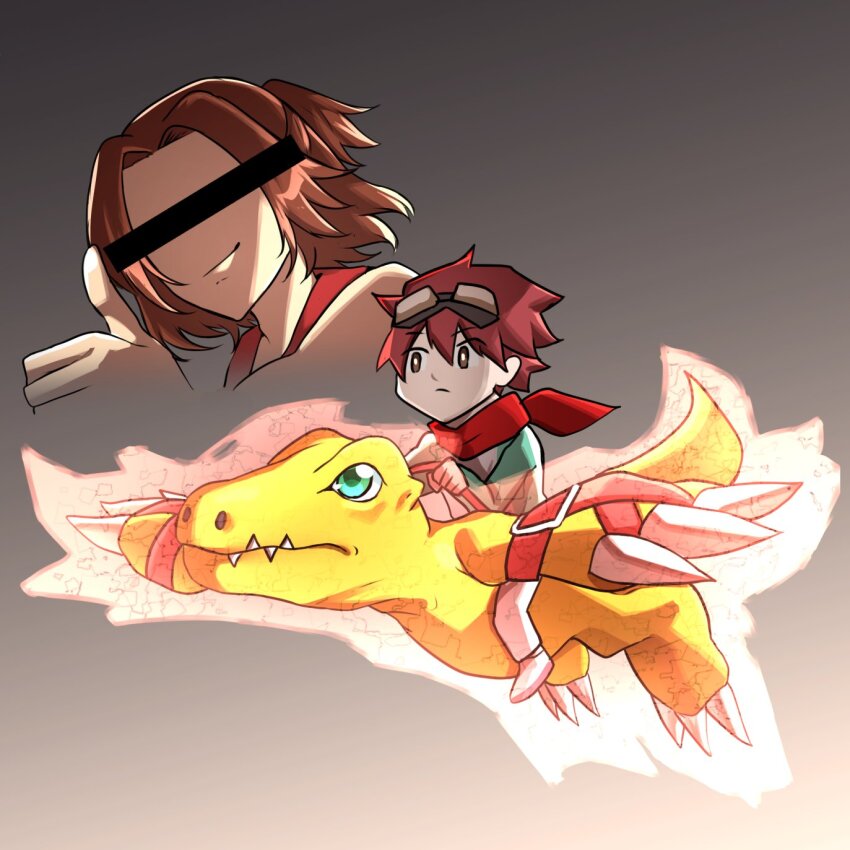 agumon_(digimon_savers) aura brown_hair censored censored_identity chibi daimon_masaru_(digimon_savers) digimon digimon_(creature) digimon_savers digimon_story:_time_stranger dinosaur flying goggles goggles_on_head gradient_background green_eyes grey_background highres hisuikouha in-franchise_crossover midair red_scarf riding scarf scene_reference thumbs_up yuuki_dan yuuki_dan