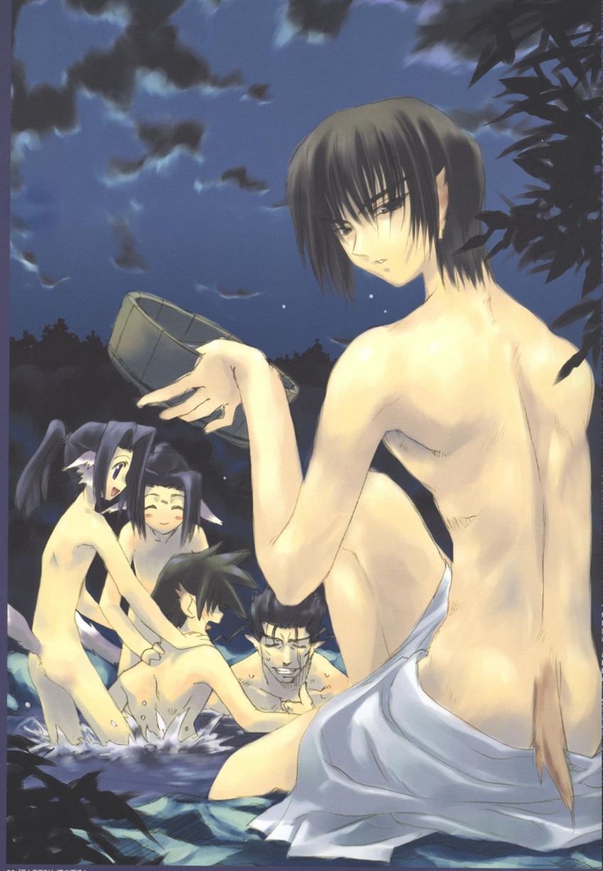 5boys animal_ears bath benawi black_hair brown_hair dorry_(utawarerumono) dripping guraa highres imminent_rape kurou_(utawarerumono) male_focus multiple_boys nude oboro_(utawarerumono) pointy_ears pushing same-sex_bathing scar shared_bathing siblings standing tail thumbs_up twins utawarerumono water yaoi
