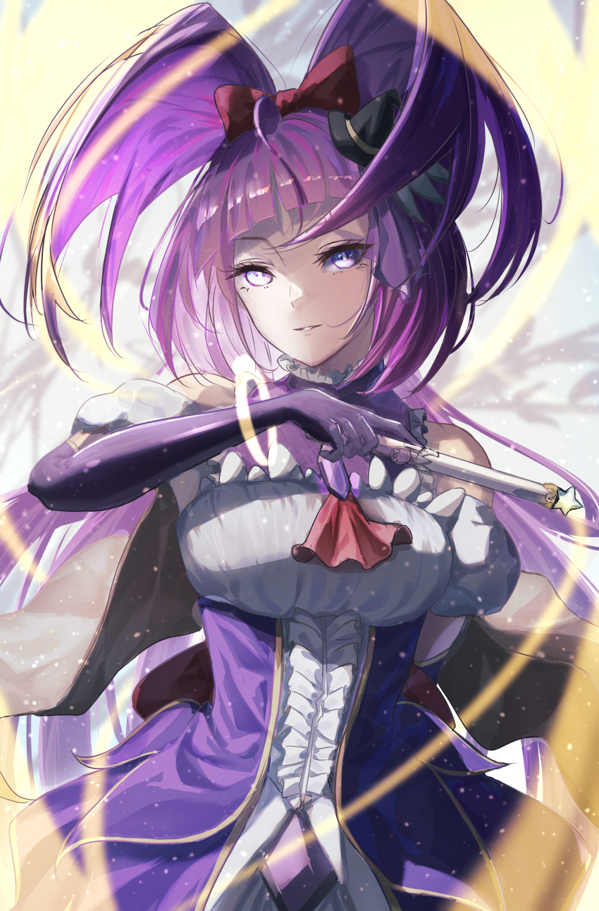 1girl absurdres black_gloves black_hat bow brooch commentary cure_magical detached_sleeves dress elbow_gloves gloves hair_bow hat highres izayoi_liko jewelry leom long_hair magical_girl mahou_girls_precure! mahou_girls_precure!!_mirai_days open_mouth pink_eyes precure puffy_detached_sleeves puffy_sleeves purple_hair red_bow solo two-tone_dress witch_hat