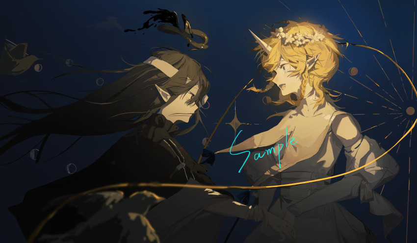 2girls absurdres black_cape black_hair blonde_hair blue_eyes braid cape character_request chinese_commentary commentary_request commission copyright_request detached_sleeves dress flower flower_wreath hand_on_another&#039;s_wrist head_wreath headband highres horns kuma_(yoooooooo152) long_hair multiple_girls open_mouth pointy_ears puritan_collar red_eyes sample_watermark single_horn smile watermark white_dress white_flower white_headband white_sleeves wide-eyed
