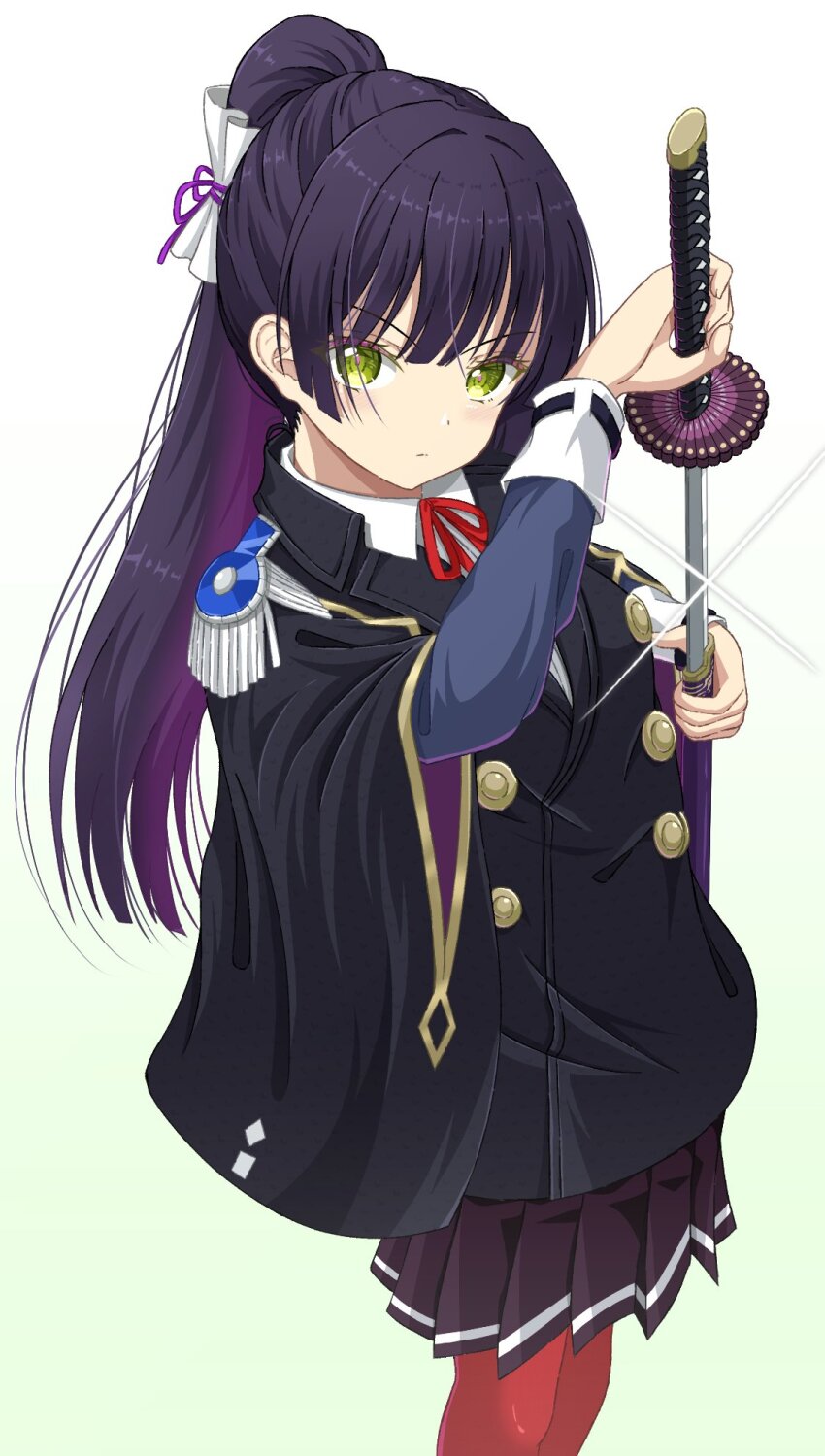black_hair epaulettes green_eyes heaven_burns_red highres holding jacket katana long_hair looking_at_viewer mochimugi_rice natsume_inori neck_ribbon ponytail red_ribbon ribbon shirt solo sword weapon