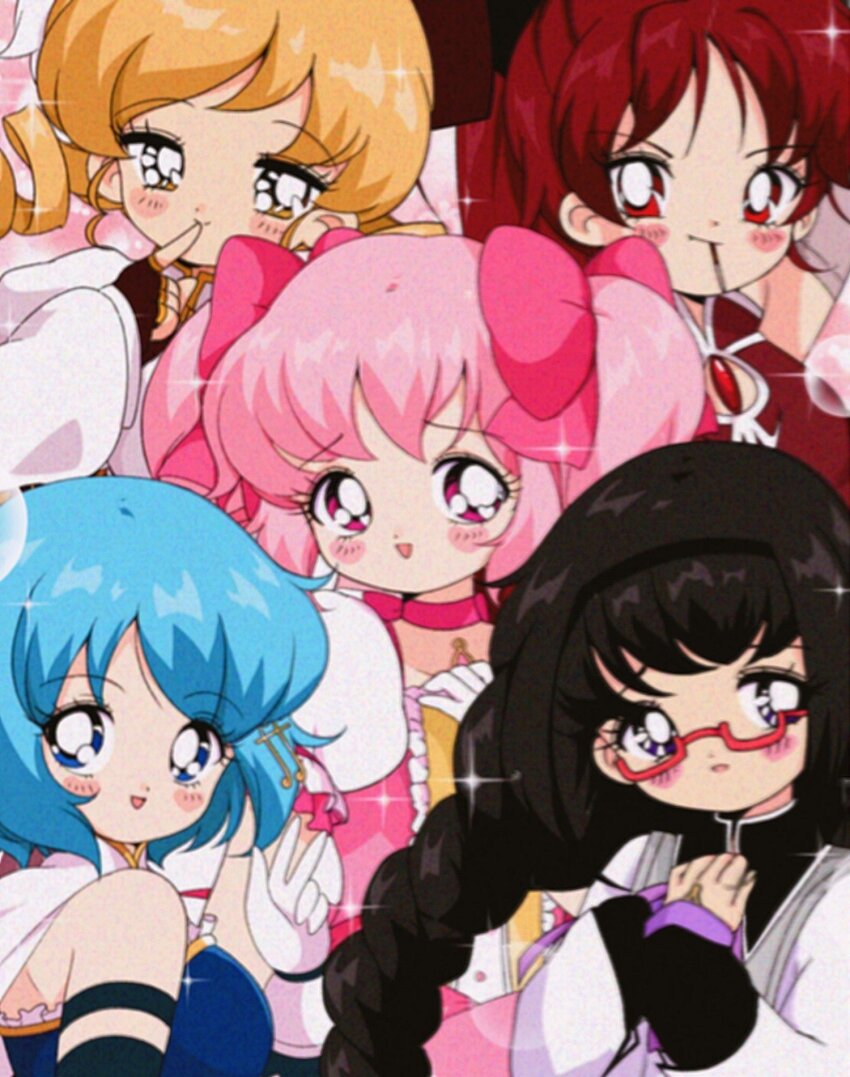 1990s_(style) 5girls akemi_homura armlet arms_behind_head bad_id bad_twitter_id bare_shoulders beret bishie_sparkle black_bow black_capelet black_hair black_hairband black_sleeves blonde_hair blue_eyes blue_gemstone blue_hair blue_shirt blue_skirt blue_theme blush_stickers bow bow_choker braid bright_pupils brown_gloves brown_hat bubble bubble_skirt buttons cape capelet center_frills chest_jewel choker cleavage_cutout clothing_cutout collared_cape collared_capelet collared_dress collared_shirt commentary cowboy_shot detached_sleeves dot_nose dress dress_bow drill_hair english_commentary eyelashes fang fang_out faux_retro_artstyle finger_to_mouth fingerless_gloves food food_in_mouth fortissimo frilled_dress frilled_shirt frilled_sleeves frills gem glasses gloves grey_capelet grey_sleeves hair_bow hair_ornament hairband hairclip hand_jewel hand_on_own_chest hands_on_own_chest happy hat hat_feather heart heart_in_eye high_collar highres honeymoonpetal jewelry kaname_madoka layered_sleeves light_particles long_hair long_sleeves looking_at_viewer low_twin_braids magical_girl mahou_shoujo_madoka_magica mahou_shoujo_madoka_magica_(anime) miki_sayaka miniskirt multiple_girls musical_note musical_note_hair_ornament open_mouth own_hands_together pink_background pink_bow pink_choker pink_dress pink_eyes pink_gemstone pink_hair pink_theme pocky pocky_in_mouth ponytail puffy_long_sleeves puffy_short_sleeves puffy_sleeves purple_eyes red-framed_eyewear red_dress red_eyes red_gemstone red_hair retro_artstyle sakura_kyoko shirt short_dress short_hair short_sleeves short_twintails skin_fang skirt skirt_under_dress sleeveless sleeveless_dress sleeves_past_wrists smile sparkle square_neckline stomach_cutout stomach_jewel strapless strapless_shirt symbol_in_eye tareme tomoe_mami twin_braids twin_drills twintails two-tone_capelet two-tone_shirt v very_long_hair white_cape white_dress white_gloves white_pupils white_shirt white_skirt white_sleeves yellow_eyes