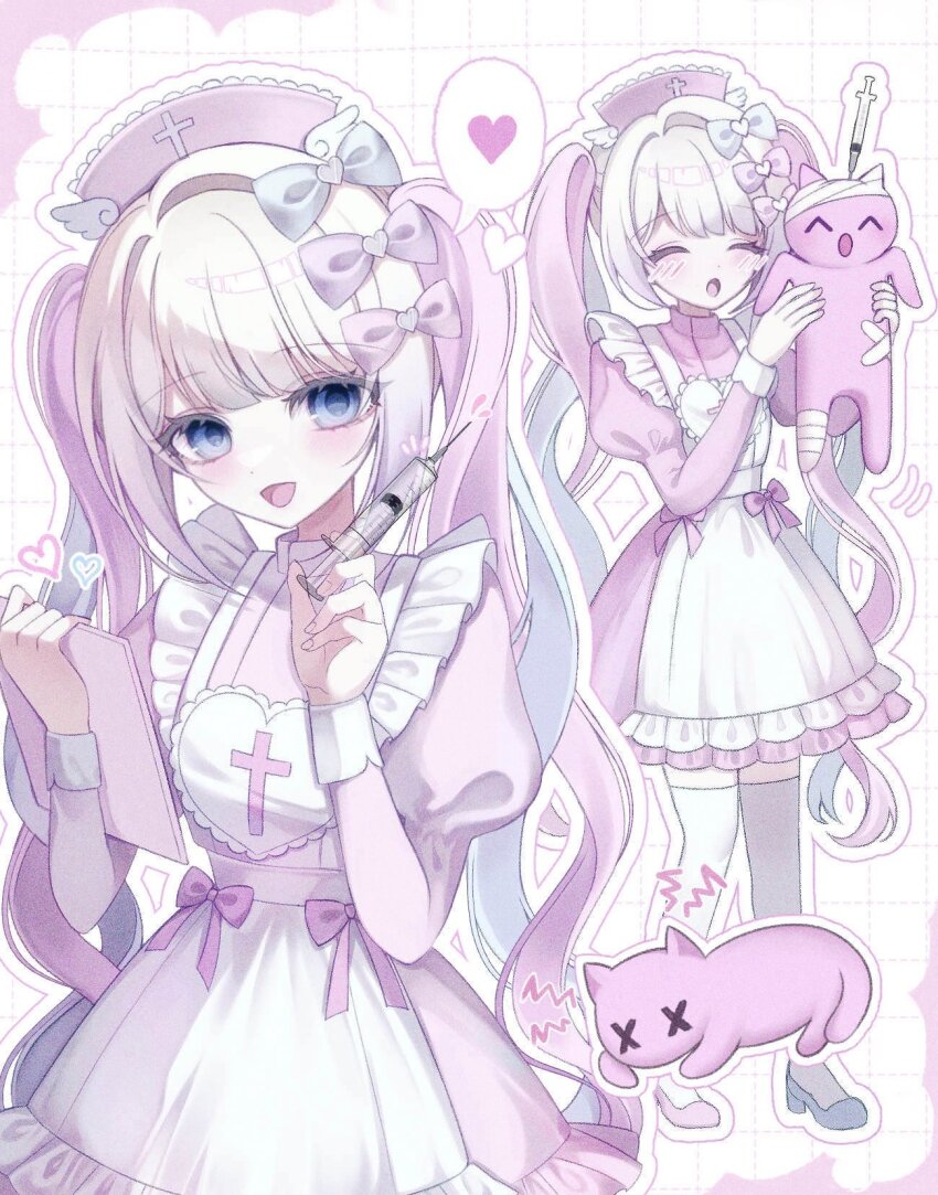 1girl :o ^_^ animal apron asymmetrical_footwear bandaged_head bandaged_leg bandages bandaid blonde_hair blue_bow blue_eyes blue_footwear blue_hair bow breasts cat checkered_background chouzetsusaikawa_tenshi-chan clipboard closed_eyes closed_mouth cross cross_print dress eyelashes facing_another facing_viewer full_body hair_bow hat heart high_heels highres holding holding_animal holding_cat holding_clipboard holding_syringe juliet_sleeves long_hair long_sleeves looking_at_viewer mismatched_footwear multicolored_hair multiple_hair_bows multiple_views needy_girl_overdose nurse nurse_cap open_mouth outline pale_skin pastel_colors pien_cat_(needy_girl_overdose) pink_bow pink_cat pink_dress pink_hair pink_hat pink_shoes puffy_sleeves pumps purple_bow shoes small_breasts smile speech_bubble spoken_heart syringe thighhighs ttede_(0984mony) twintails upper_body white_apron white_background white_cross white_outline white_sleeve_cuffs white_thighhighs wig x_x