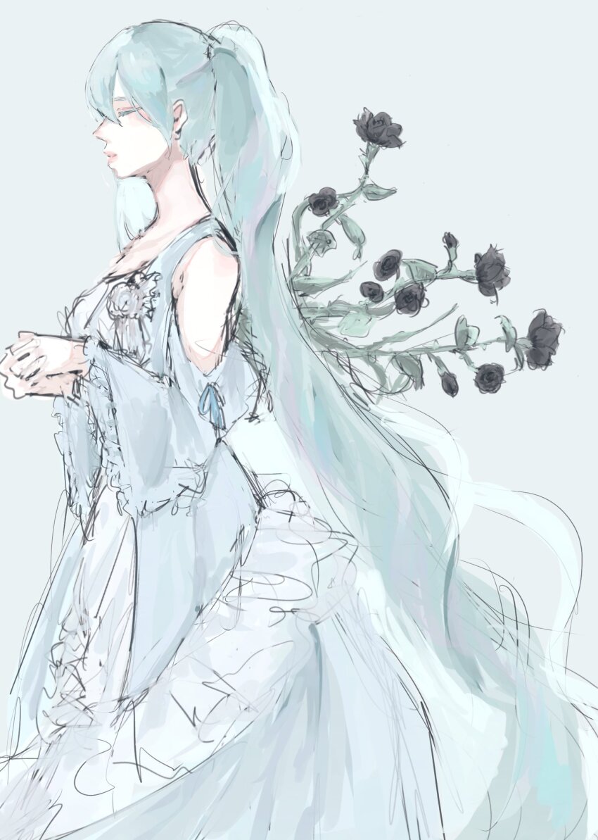 1girl aqua_dress aqua_eyes bare_shoulders black_robe closed_eyes clothing_cutout collarbone colored_eyelashes dress dress_flower dress_ribbon evillious_nendaiki flower frilled_dress frilled_sleeves frills hair_between_eyes hatsune_miku highres long_hair ma_(nth6nd8yrg32528) margarita_blankenheim nemurase_hime_kara_no_okurimono_(vocaloid) own_hands_clasped own_hands_together pale_skin pink_lips profile robe rose shoulder_cutout sketch solo twintails very_long_hair vocaloid white_flower white_rose wide_sleeves