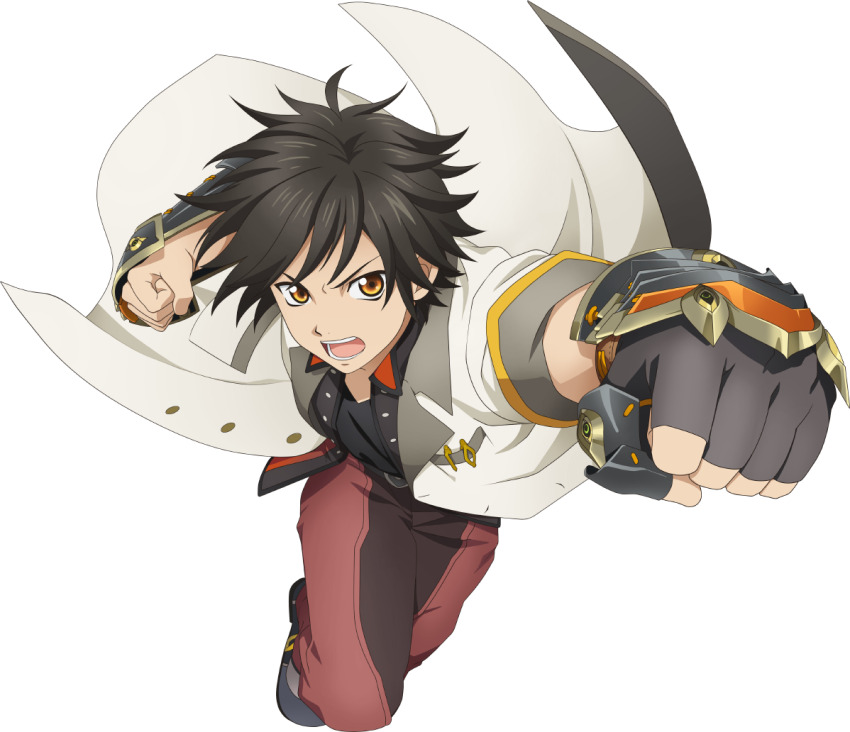 1boy black_hair clenched_hands fingerless_gloves gloves jude_mathis male_focus official_art open_mouth orange_eyes pants short_hair single_fingerless_glove tales_of_(series) tales_of_asteria tales_of_xillia tales_of_xillia_2 teeth transparent_background