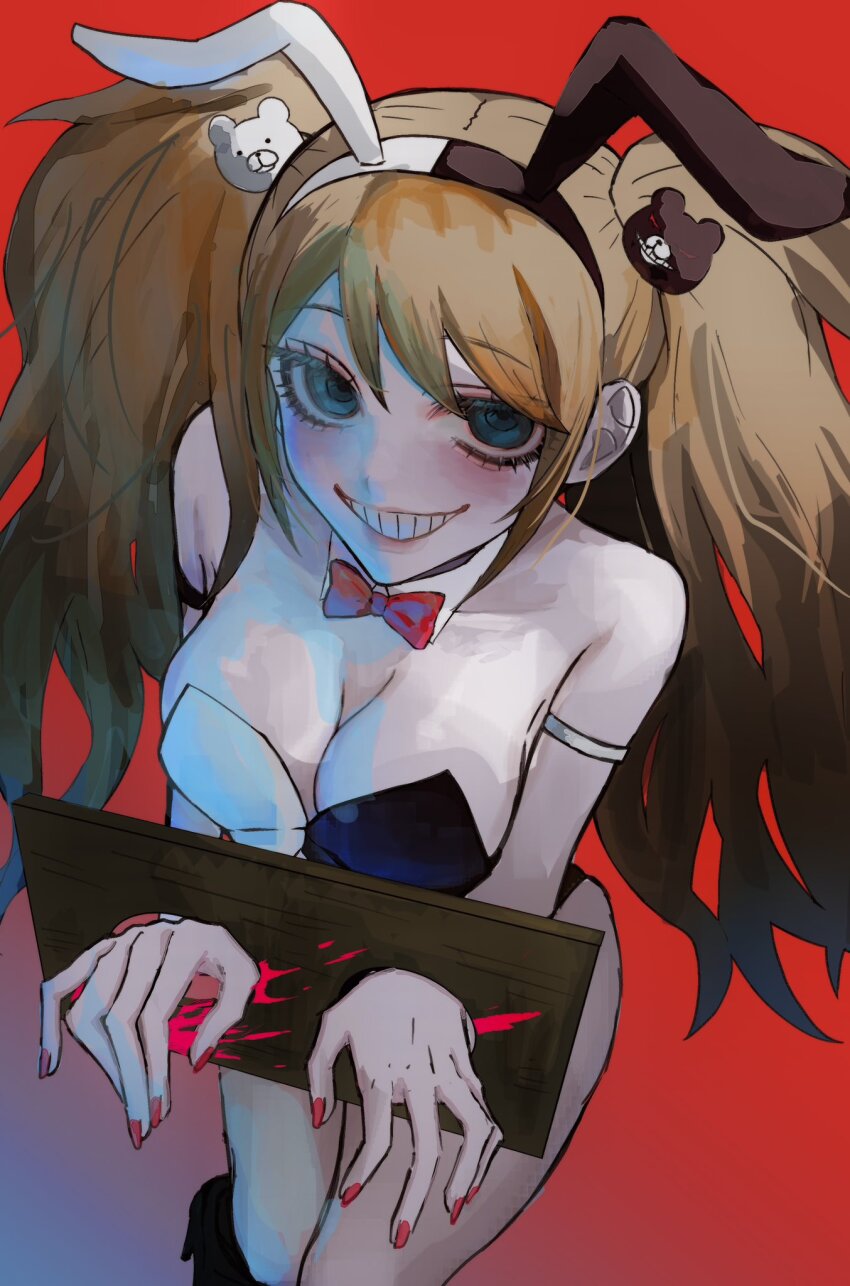 1girl animal_ears bear_hair_ornament black_leotard blonde_hair bound bound_wrists breasts cowboy_shot danganronpa:_trigger_happy_havoc danganronpa_(series) enoshima_junko fake_animal_ears green_eyes grin hair_ornament highres large_breasts leotard official_alternate_costume playboy_bunny qianjian rabbit_ears red_background red_nails simple_background smile solo teeth twintails white_leotard
