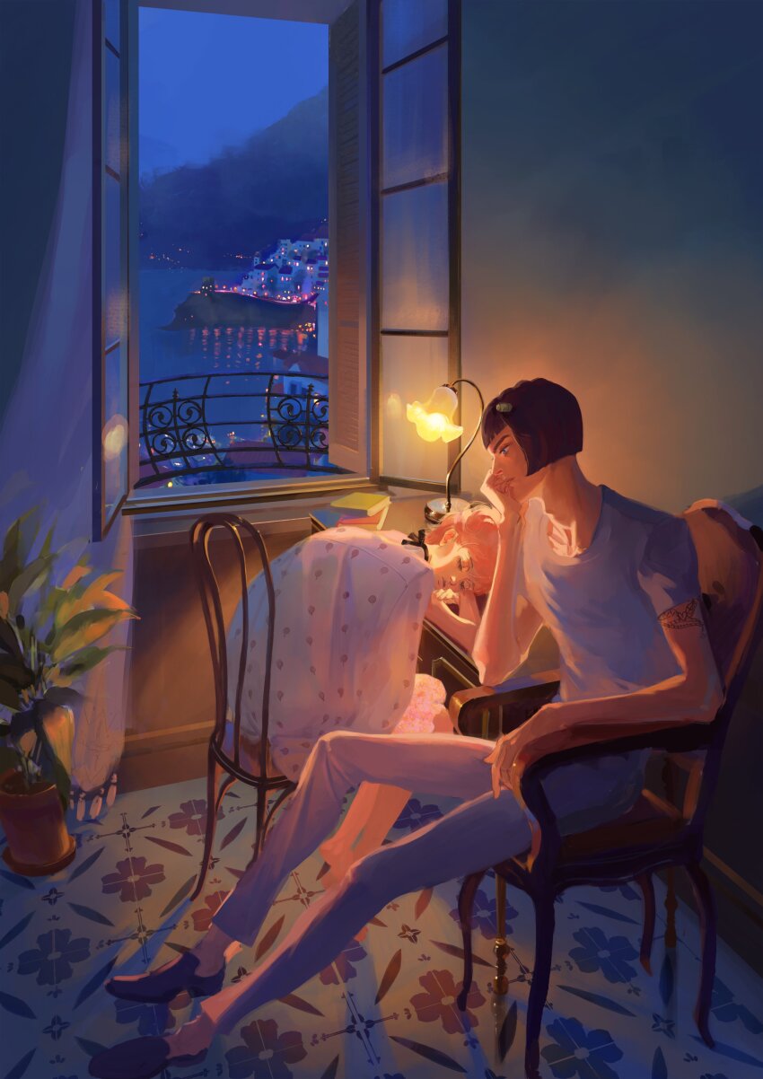 1boy 1girl absurdres black_hair bruno_bucciarati chair highres house jojo_no_kimyou_na_bouken night on_chair open_window pink_hair sitting trilo trish_una under_covers vento_aureo window window_blinds
