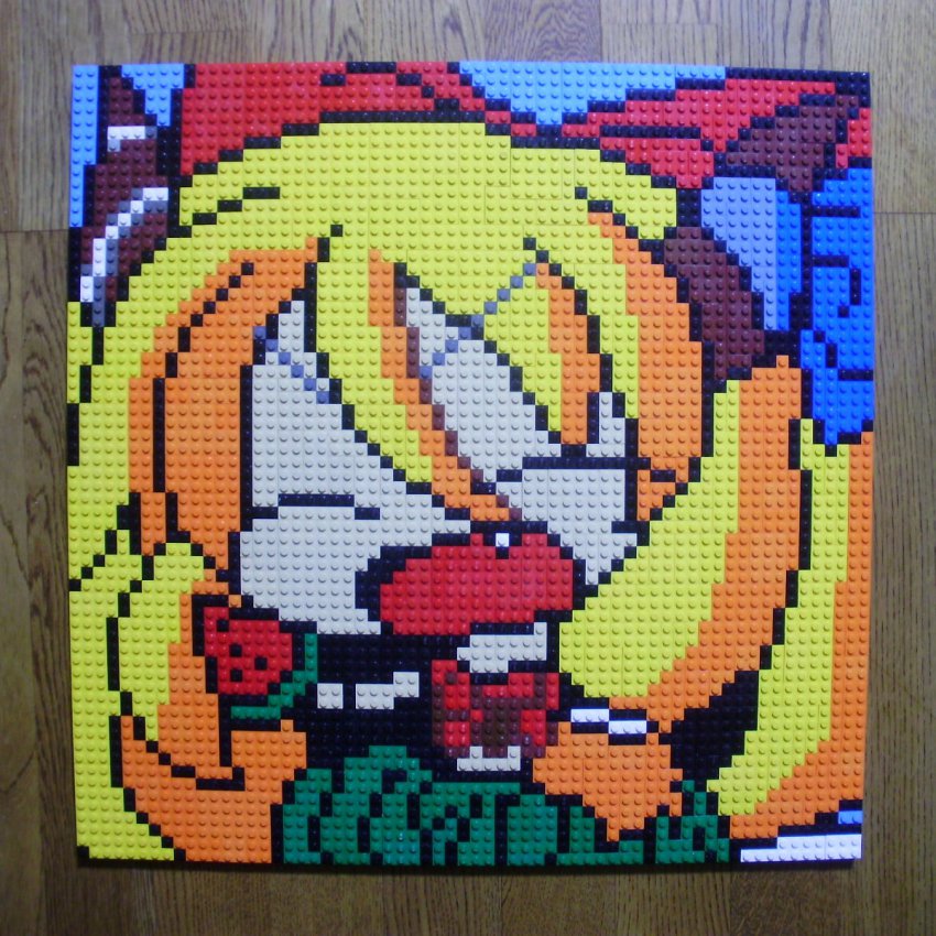 1girl closed_eyes derivative_work fang female_focus food food_print fruit fruit_print highres horn_ornament horn_ribbon horns ibuki_suika lego lego_(medium) orange_hair photo_(medium) pixel_art ribbon solo touhou unconventional_media watermelon watermelon_print you_rei_(blowback)