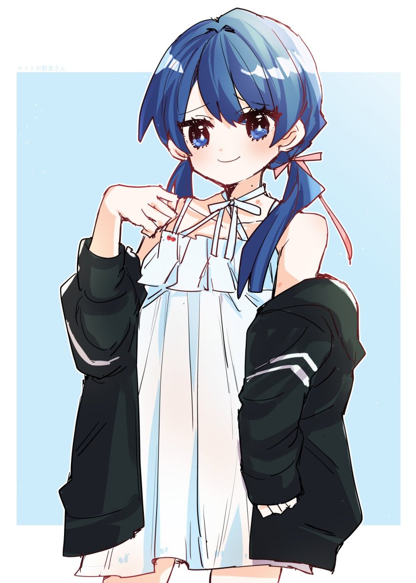 1girl bare_shoulders black_jacket blue_background blue_eyes blue_hair blush border closed_mouth collarbone commentary_request cowboy_shot criss-cross_halter hair_ribbon halterneck highres jacket jacket_partially_removed kanduki_kamibukuro link!_like!_love_live! looking_at_viewer love_live! low_twintails mole mole_on_neck murano_sayaka nightgown off_shoulder outside_border pink_ribbon ribbon simple_background single_sleeve_past_wrist sleeve_pushed_up sleeveless smile solo standing twintails virtual_youtuber white_border white_nightgown yugiri_tsuzuri yugiri_tsuzuri_(summer_loungewear)