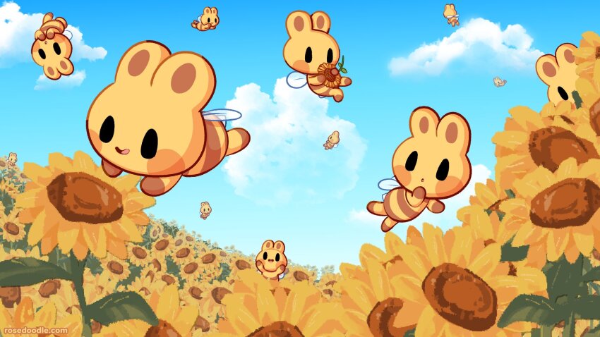 :o blue_sky blush blush_stickers cloud commentary day english_commentary field flower flower_field flying highres holding holding_flower honeybun_(rosedoodle) insect_wings mascot no_humans open_mouth outdoors rosedoodle sky smile sunflower vchiban wings yellow_flower