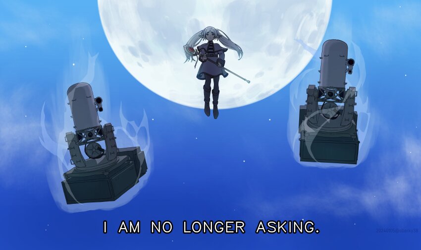 1girl :| absurdres aiming aiming_at_viewer artist_name autocannon backlighting cannon capelet close-in_weapon_system closed_mouth commentary dated dress earrings electronic_firearm elf english_commentary english_text expressionless floating floating_earring frieren full_moon gatling_gun highres holding holding_staff jewelry levitation long_hair looking_at_viewer m61_vulcan mage_staff magic moon multiple-barrel_gun outdoors phalanx_ciws pointy_ears rotary_cannon sbarky38 shirt short_eyebrows sky sleeve_cuffs solo sousou_no_frieren staff star_(sky) starry_sky striped_clothes striped_shirt subtitled thick_eyebrows twintails twitter_username watermark white_capelet white_dress
