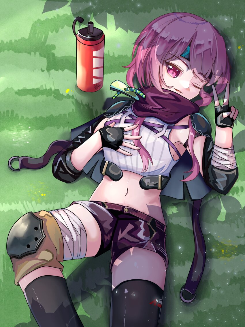 1girl absurdres black_gloves black_hair gloves h_ans_(hmn_anz) heaven_burns_red highres long_hair matsuoka_chiroru navel pink_hair red_eyes scarf shorts solo
