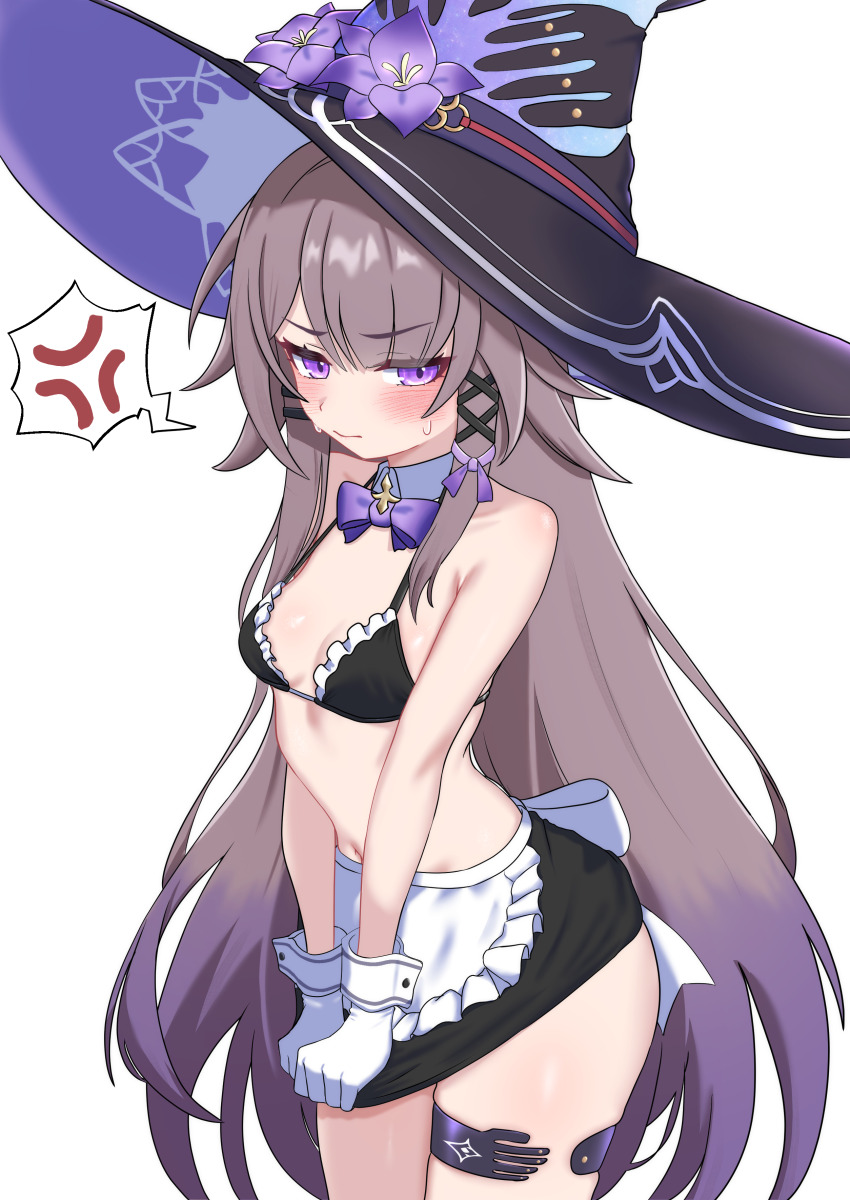 1girl absurdres apron black_bra black_hat black_skirt blush bra breasts brown_hair closed_mouth commentary_request frilled_apron frilled_bra frills gloves hat herta_(honkai:_star_rail) highres honkai:_star_rail honkai_(series) long_hair looking_at_viewer oldsickkim purple_eyes simple_background skirt skirt_tug small_breasts solo stomach sweat the_herta_(honkai:_star_rail) underwear very_long_hair waist_apron white_apron white_background white_gloves white_wrist_cuffs witch_hat wrist_cuffs