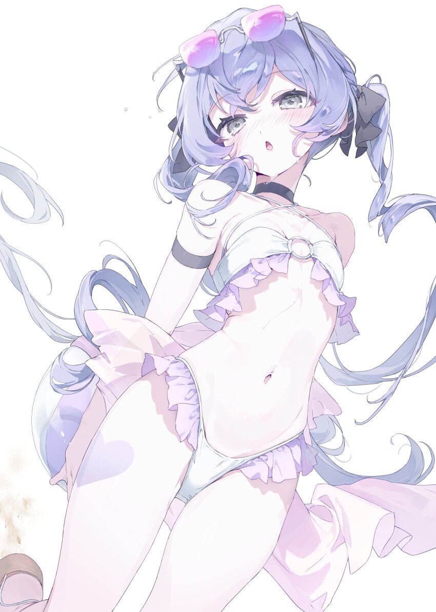 1girl :o absurdres ball beachball bikini black_choker black_ribbon breasts choker eyewear_on_head frilled_bikini frills grey_eyes hair_ribbon highres holding holding_ball holding_beachball light_blush long_hair meunhongcha navel original purple-tinted_eyewear purple_bikini purple_hair ribbon simple_background small_breasts solo sunglasses swimsuit tinted_eyewear twintails white_background white_bikini