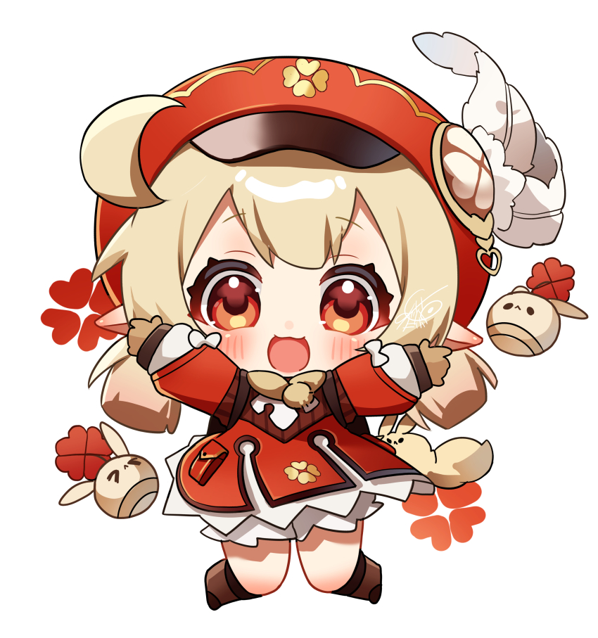 1girl :d absurdres ahoge arms_up artist_name backpack bag bag_charm blonde_hair bloomers blush bomb boots bow brown_bag brown_boots brown_gloves brown_scarf cabbie_hat charm_(object) chibi clover_print coat commentary_request dodoco_(genshin_impact) dress explosive genshin_impact gloves hair_between_eyes hat hat_feather highres jumping jumpy_dumpty klee_(genshin_impact) long_sleeves looking_at_viewer low_twintails meda_cha medium_hair open_mouth pocket pointy_ears pom_pom_(clothes) puffy_long_sleeves puffy_sleeves red_coat red_eyes red_hat scarf sidelocks signature simple_background smile solo twintails underwear white_background white_bloomers white_bow white_dress