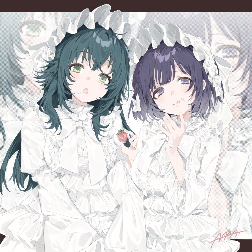 2girls 4_ge absurdres alternate_costume bow commentary dress food food_on_face frilled_dress frilled_hairband frilled_sleeves frills fruit gakuen_idolmaster green_eyes green_hair hairband hataya_misuzu highres idolmaster letterboxed lolita_fashion long_hair long_sleeves looking_at_viewer multiple_girls purple_eyes purple_hair short_hair strawberry tsukimura_temari white_bow white_dress white_hairband zoom_layer