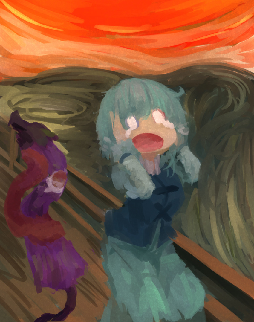 1girl blue_hair blue_skirt blue_vest commentary_request crying fine_art_parody garakuraku heterochromia highres karakasa_obake o_o open_mouth parody purple_umbrella short_hair skirt solo tatara_kogasa the_scream touhou umbrella vest
