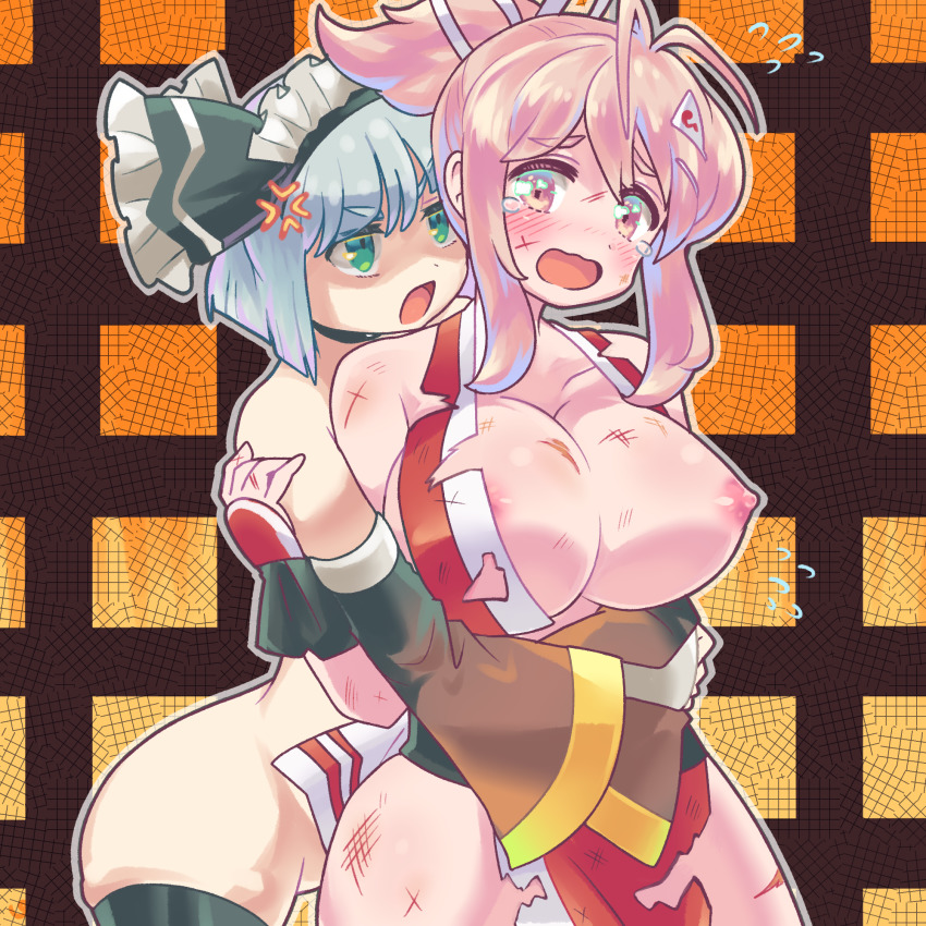 2girls anger_vein angry black_legwear breasts choker commission commissioner_upload cosplay detached_sleeves green_eyes grey_hair highres holding iroha_(samurai_spirits)_(cosplay) konpaku_youmu konpaku_youmu_(ghost) large_breasts maid_headdress multiple_girls nude one_breast_out open_mouth pink_hair pmx saigyouji_yuyuko samurai_spirits scratches shiranui_mai shiranui_mai_(cosplay) short_hair shouji skeb_commission sliding_doors tears textless_version thighhighs torn_clothes touhou