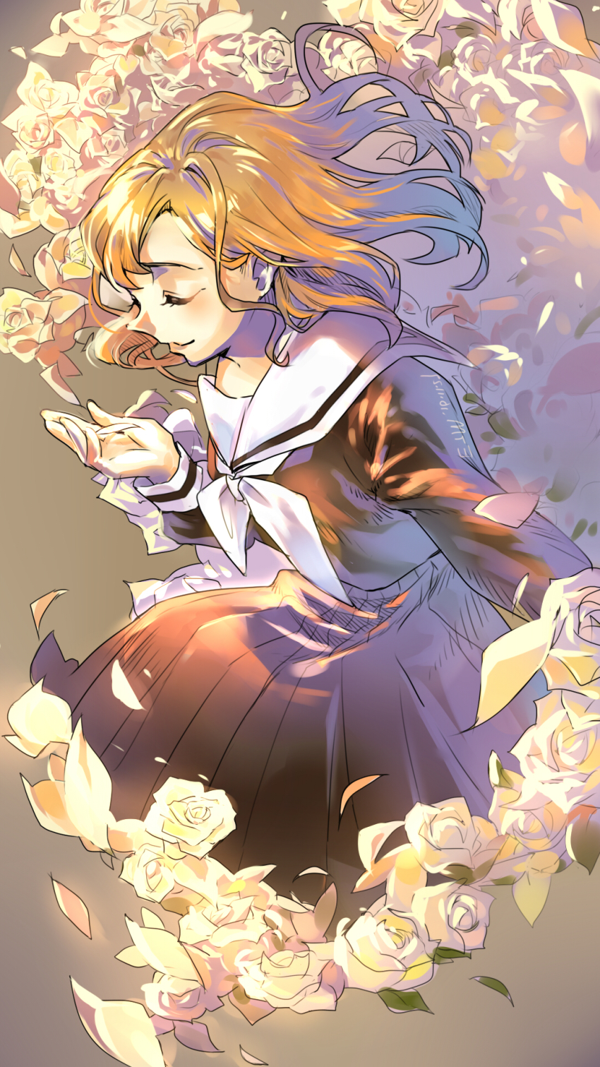 1girl artist_name black_serafuku brown_hair closed_eyes closed_mouth etm_(ahong) female_focus flower highres long_hair maria-sama_ga_miteru orange_hair pleated_skirt rose school_uniform serafuku skirt smile solo toudou_shimako white_flower white_rose wind