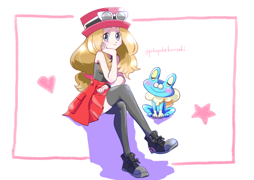 1girl bare_shoulders black_footwear black_shirt black_thighhighs blonde_hair closed_mouth crossed_legs eyewear_on_headwear froakie full_body gen_6_pokemon grey_eyes hat heart legs long_hair looking_at_viewer nintendo pleated_skirt pokemon pokemon_(creature) pokemon_xy pokepokekonpeki red_hat red_skirt serena_(pokemon) shirt shoes sitting skirt sleeveless sleeveless_shirt smile star_(symbol) sunglasses thighhighs twitter_username