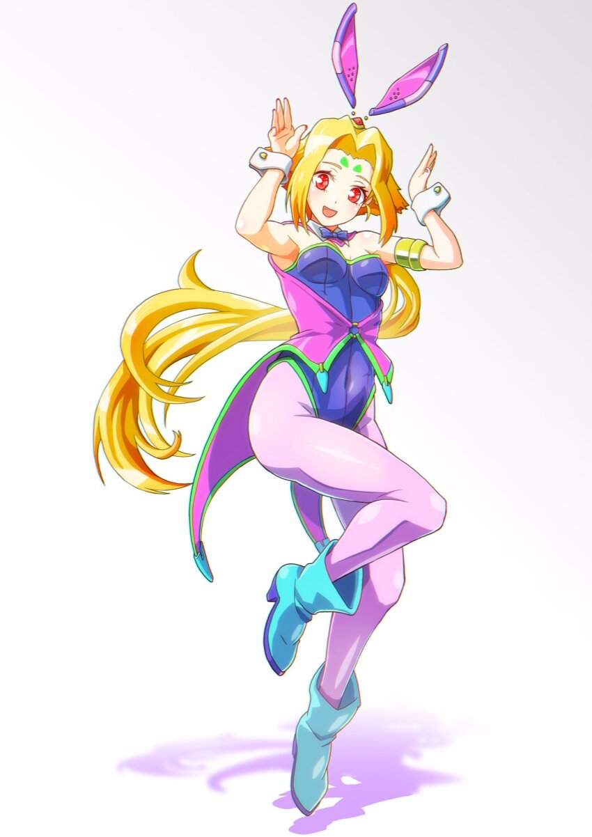 1girl alternate_costume blonde_hair boots bow bowtie facial_mark fiona_(zoids) forehead_mark highres ibuki_sakura_(sgw_v07) leg_up leotard nontraditional_playboy_bunny pantyhose playboy_bunny rabbit_pose red_eyes white_background wrist_cuffs zoids zoids_chaotic_century