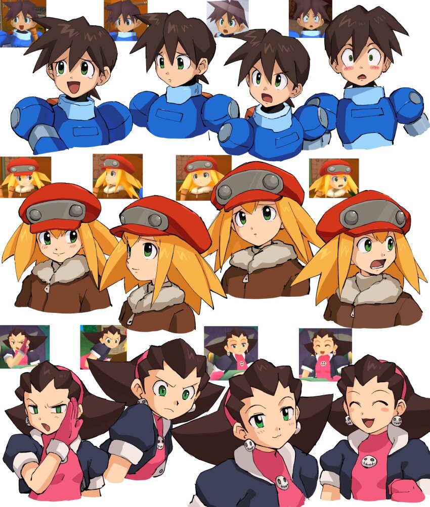 1boy 2girls android armor blonde_hair blue_armor blush brown_hair newsboy_cap cropped_jacket cropped_torso earrings multiple_expressions game_screenshot_inset green_eyes hair_pulled_back hair_slicked_back hairband hat highres jewelry karen_(karenoni1031) mega_man_(series) mega_man_legends_(series) mega_man_legends_2 mega_man_volnutt multiple_girls open_mouth pink_hairband red_hat roll_caskett_(mega_man) skull_brooch skull_earrings smile tron_bonne_(mega_man) upper_body